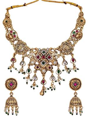 Antique gold plated peacock motif multicolor stone studded temple choker necklace set with matching jhumka 4