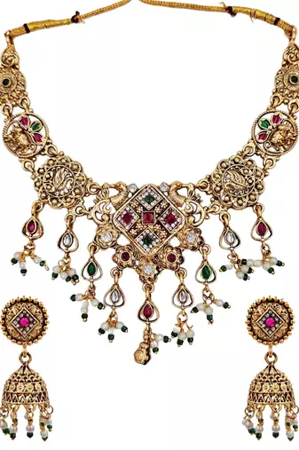 Antique gold plated peacock motif multicolor stone studded temple choker necklace set with matching jhumka