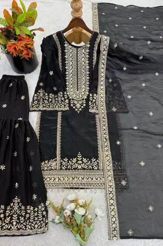 Black silk blend embroidered sharara set