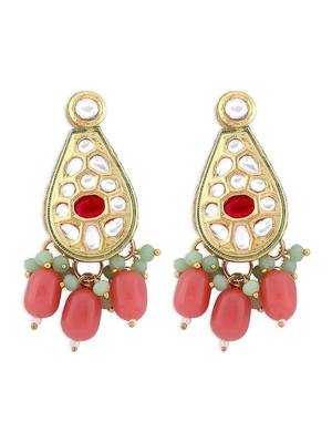 Gold plated pink beaded kundan choker necklace set with matching drop earrings for women & girls 3
