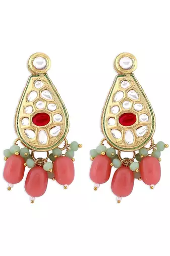 Gold plated pink beaded kundan choker necklace set with matching drop earrings for women & girls