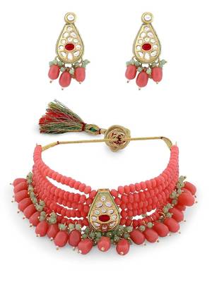Gold plated pink beaded kundan choker necklace set with matching drop earrings for women & girls 4