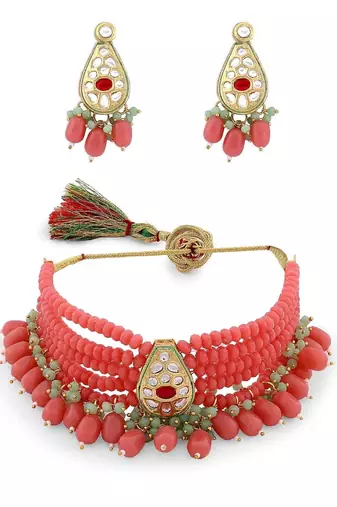 Gold plated pink beaded kundan choker necklace set with matching drop earrings for women & girls