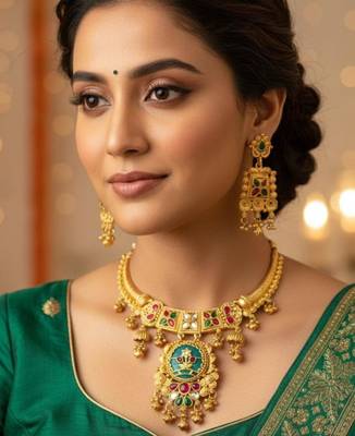 Gold plated temple jewellery choker necklace set with green & ruby red stones & matching earrings for women 1