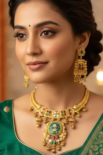 Gold plated temple jewellery choker necklace set with green & ruby red stones & matching earrings for women