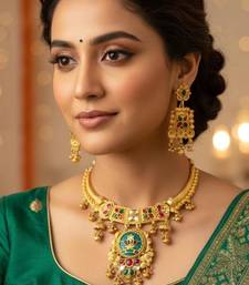 Gold plated temple jewellery choker necklace set with green & ruby red stones & matching earrings for women