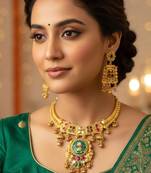 Gold plated temple jewellery choker necklace set with green & ruby red stones & matching earrings for women
