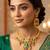 Gold plated temple jewellery choker necklace set with green & ruby red stones & matching earrings for women