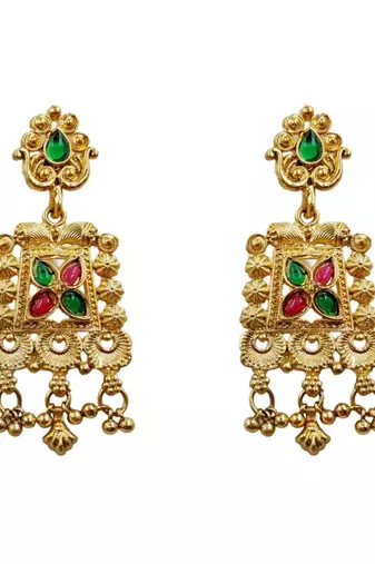 Gold plated temple jewellery choker necklace set with green & ruby red stones & matching earrings for women