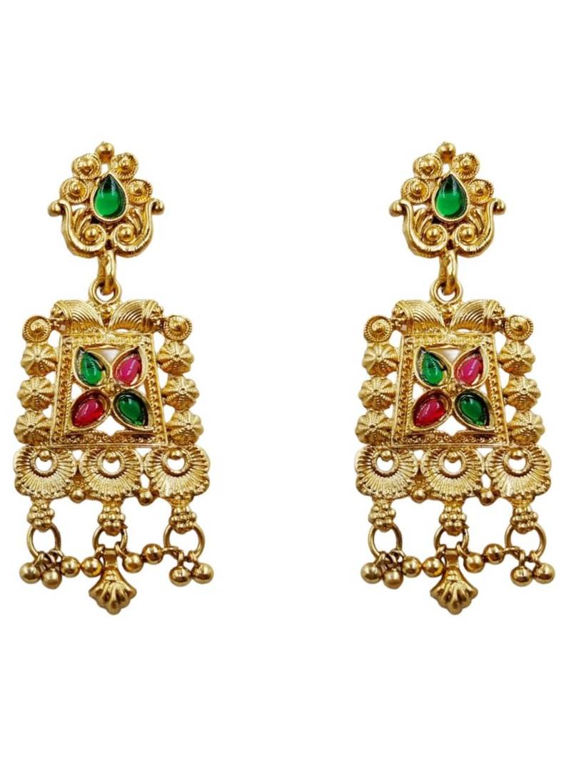 Gold plated temple jewellery choker necklace set with green & ruby red stones & matching earrings for women