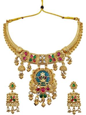 Gold plated temple jewellery choker necklace set with green & ruby red stones & matching earrings for women 3