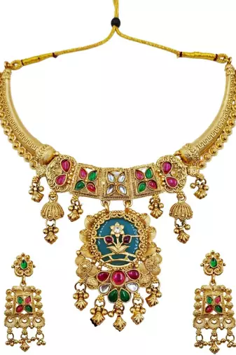Gold plated temple jewellery choker necklace set with green & ruby red stones & matching earrings for women