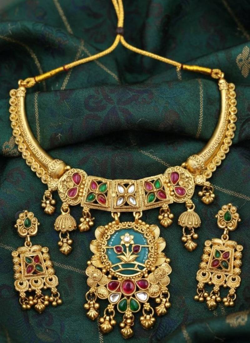 Gold plated temple jewellery choker necklace set with green & ruby red stones & matching earrings for women