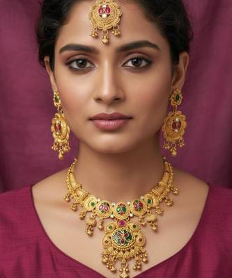 Gold plated pink & green meenakari ethnic hasli necklace set with earrings and maang tikka for women 1