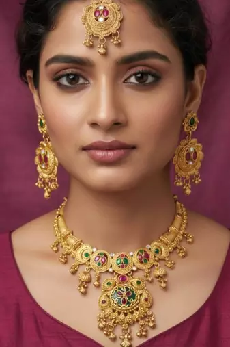 Gold plated pink & green meenakari ethnic hasli necklace set with earrings and maang tikka for women
