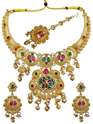 Gold plated pink & green meenakari ethnic hasli necklace set with earrings and maang tikka for women 3