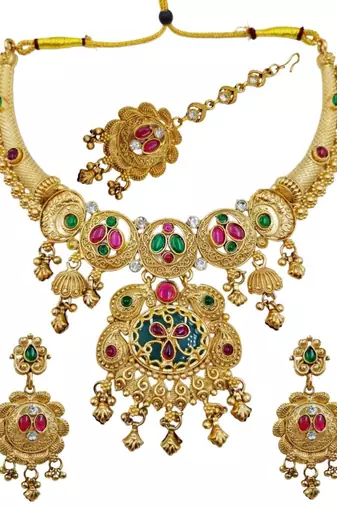 Gold plated pink & green meenakari ethnic hasli necklace set with earrings and maang tikka for women