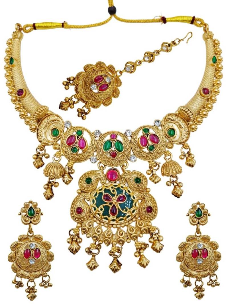 Gold plated pink & green meenakari ethnic hasli necklace set with earrings and maang tikka for women