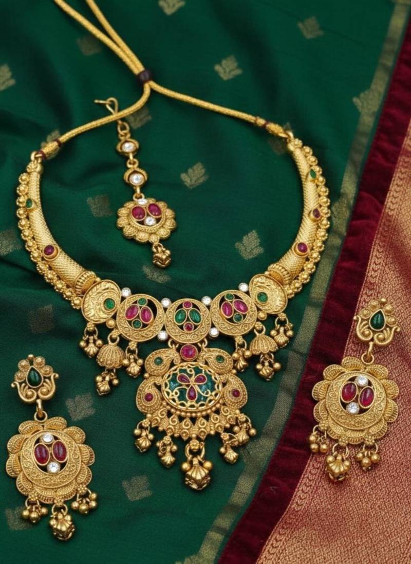 Gold plated pink & green meenakari ethnic hasli necklace set with earrings and maang tikka for women