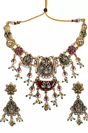 Antique gold plated meenakari kundan floral necklace set with matching earrings for women
