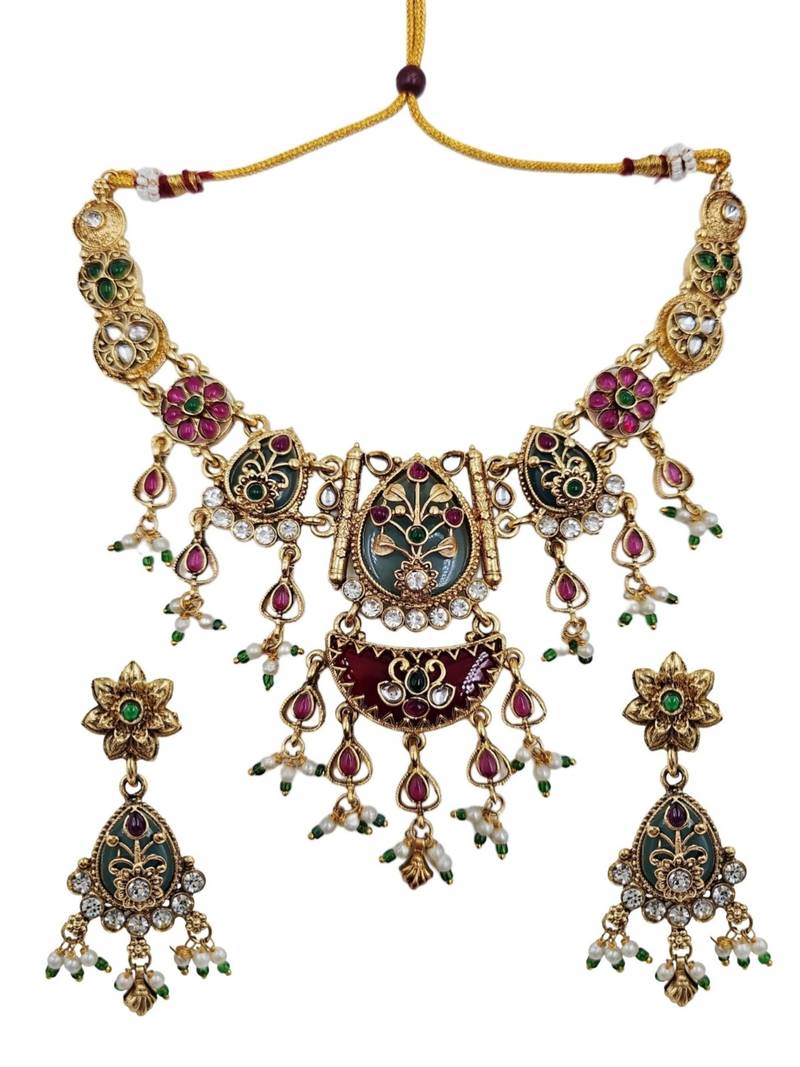 Antique gold plated meenakari kundan floral necklace set with matching earrings for women