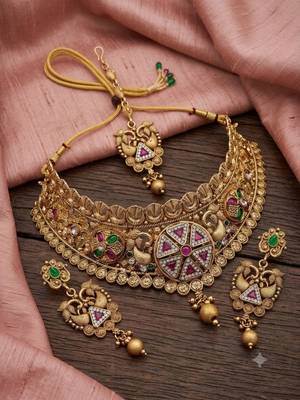 Antique gold plated peacock choker necklace set with earrings & maang tikka 1
