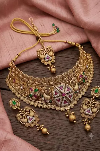 Antique gold plated peacock choker necklace set with earrings & maang tikka