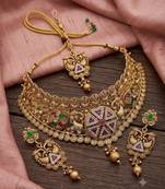Antique gold plated peacock choker necklace set with earrings & maang tikka