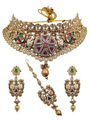 Antique gold plated peacock choker necklace set with earrings & maang tikka 2