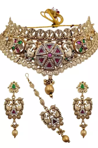 Antique gold plated peacock choker necklace set with earrings & maang tikka
