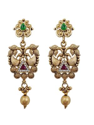 Antique gold plated peacock choker necklace set with earrings & maang tikka 3