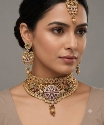 Antique gold plated peacock choker necklace set with earrings & maang tikka 4