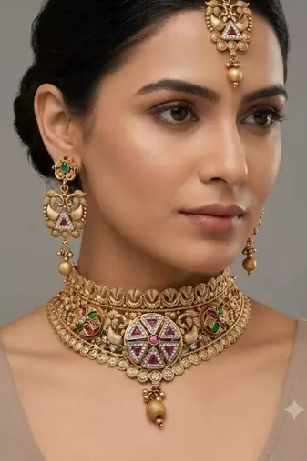 Antique gold plated peacock choker necklace set with earrings & maang tikka