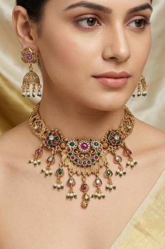 Antique gold plated multi-stone temple necklace set with matching jhumka earrings for women