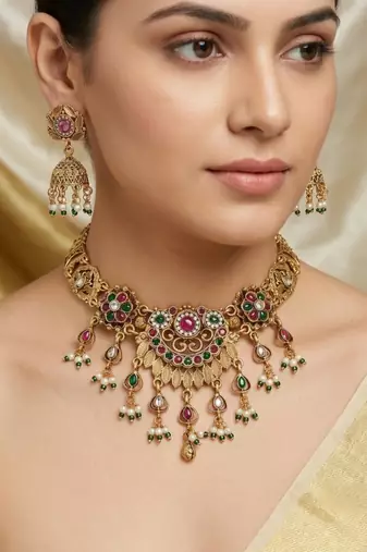 Antique gold plated multi-stone temple necklace set with matching jhumka earrings for women