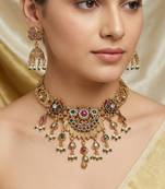 Antique gold plated multi-stone temple necklace set with matching jhumka earrings for women