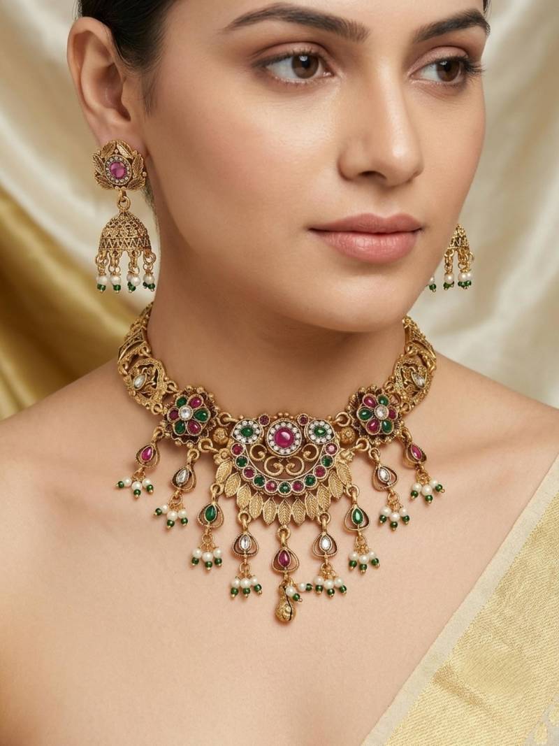 Antique gold plated multi-stone temple necklace set with matching jhumka earrings for women