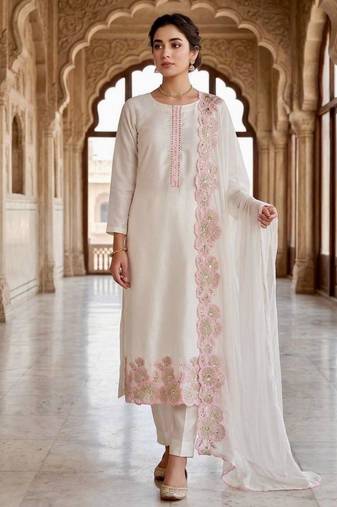 White silk blend embroidered kurta set