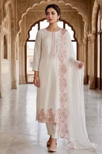 White silk blend embroidered kurta set