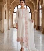 White silk blend embroidered kurta set
