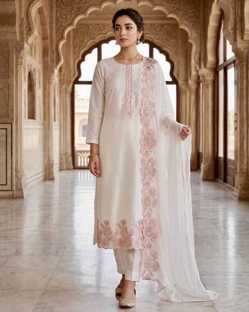 White silk blend embroidered kurta set