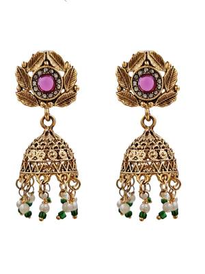 Antique gold plated multi-stone temple necklace set with matching jhumka earrings for women 2