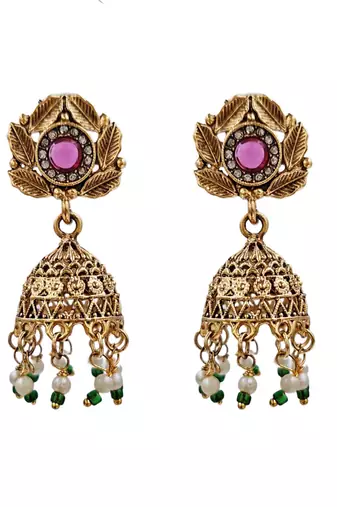 Antique gold plated multi-stone temple necklace set with matching jhumka earrings for women