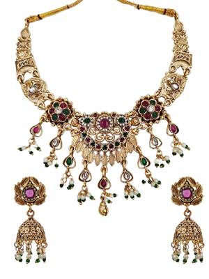Antique gold plated multi-stone temple necklace set with matching jhumka earrings for women 3