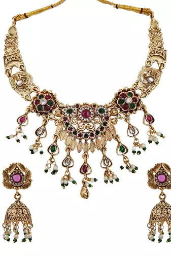 Antique gold plated multi-stone temple necklace set with matching jhumka earrings for women