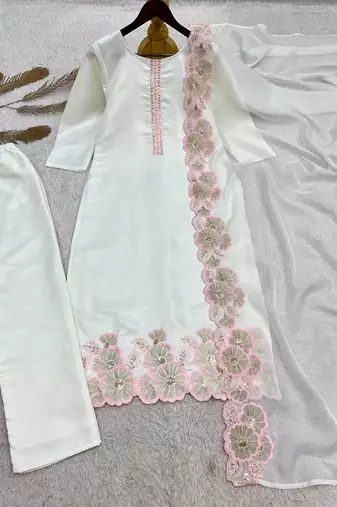White silk blend embroidered kurta set