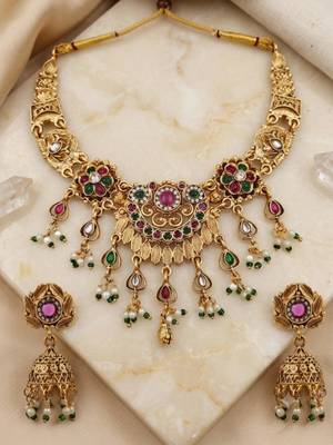 Antique gold plated multi-stone temple necklace set with matching jhumka earrings for women 4