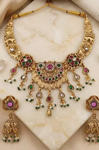 Antique gold plated multi-stone temple necklace set with matching jhumka earrings for women