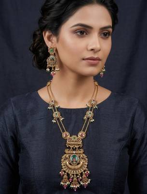 Antique gold plated peacock motif rani haar long necklace set with matching drop earrings for women & brides 1