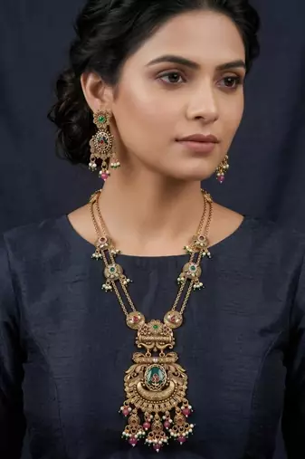 Antique gold plated peacock motif rani haar long necklace set with matching drop earrings for women & brides